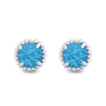 Round Stud Earrings Lab Created Blue Opal 925 Sterling Silver (7mm)
